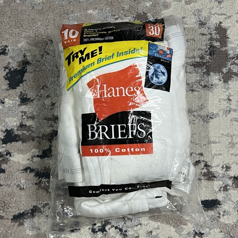 Vtg 2001 NOS Hanes Mens White Briefs 10 Pack Cotton Sz 30 Underwear Deadstock